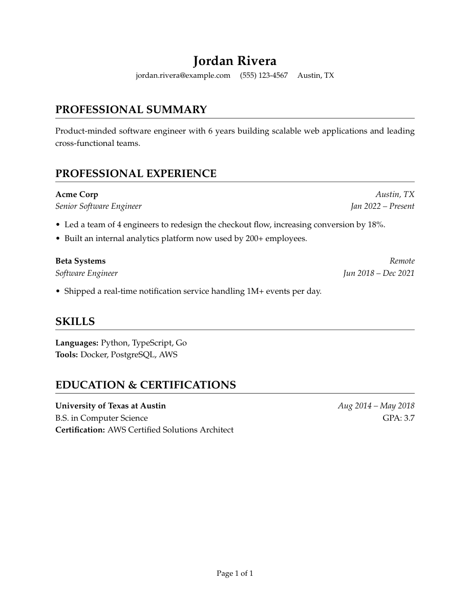 Academic LaTeX resume template preview