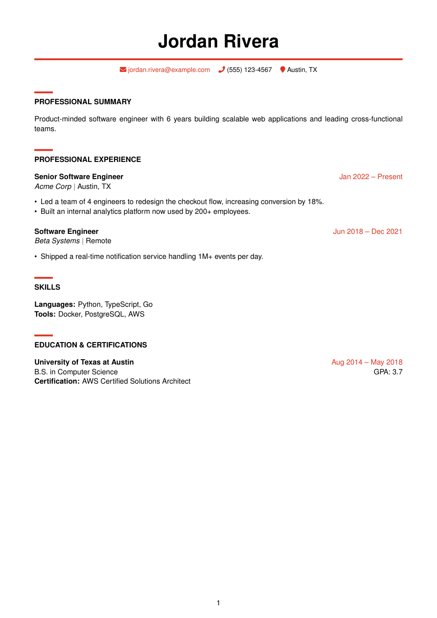 Banner LaTeX resume template preview