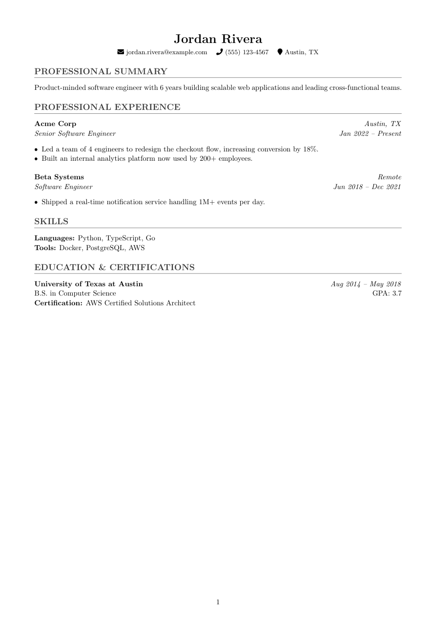 Classic LaTeX resume template preview