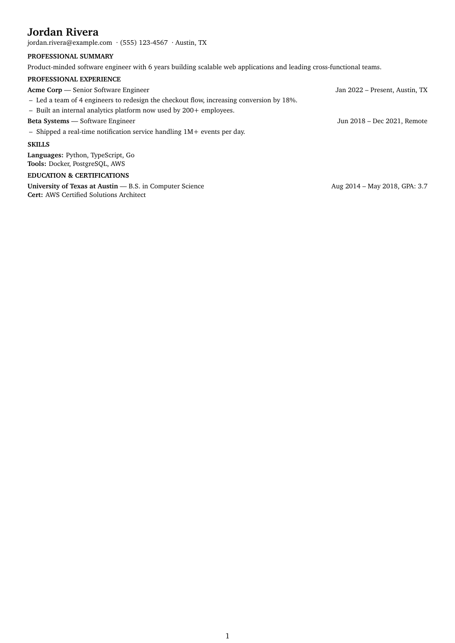 Compact LaTeX resume template preview