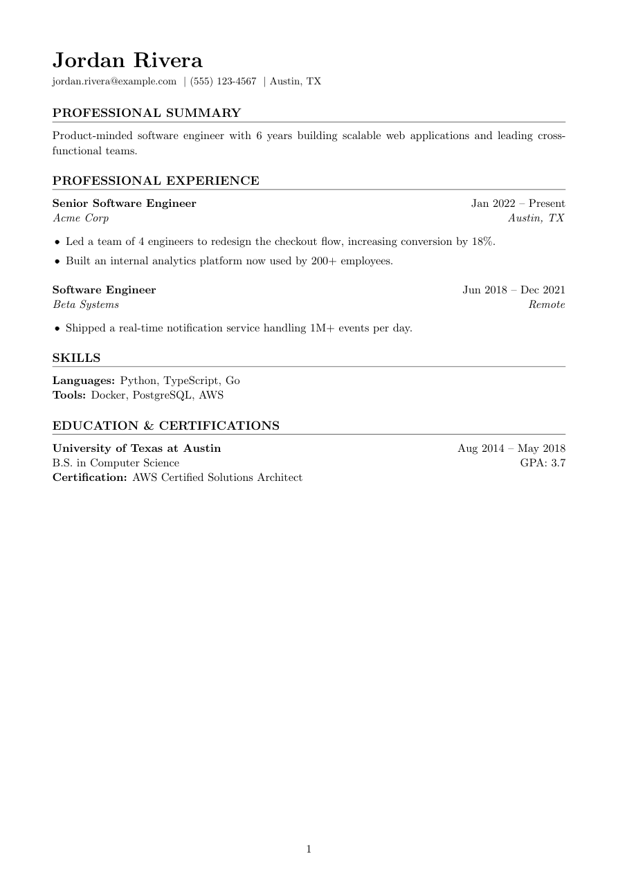 Graduate LaTeX resume template preview
