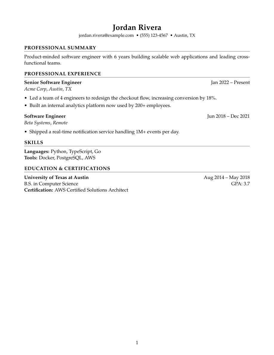 Harvard LaTeX resume template preview
