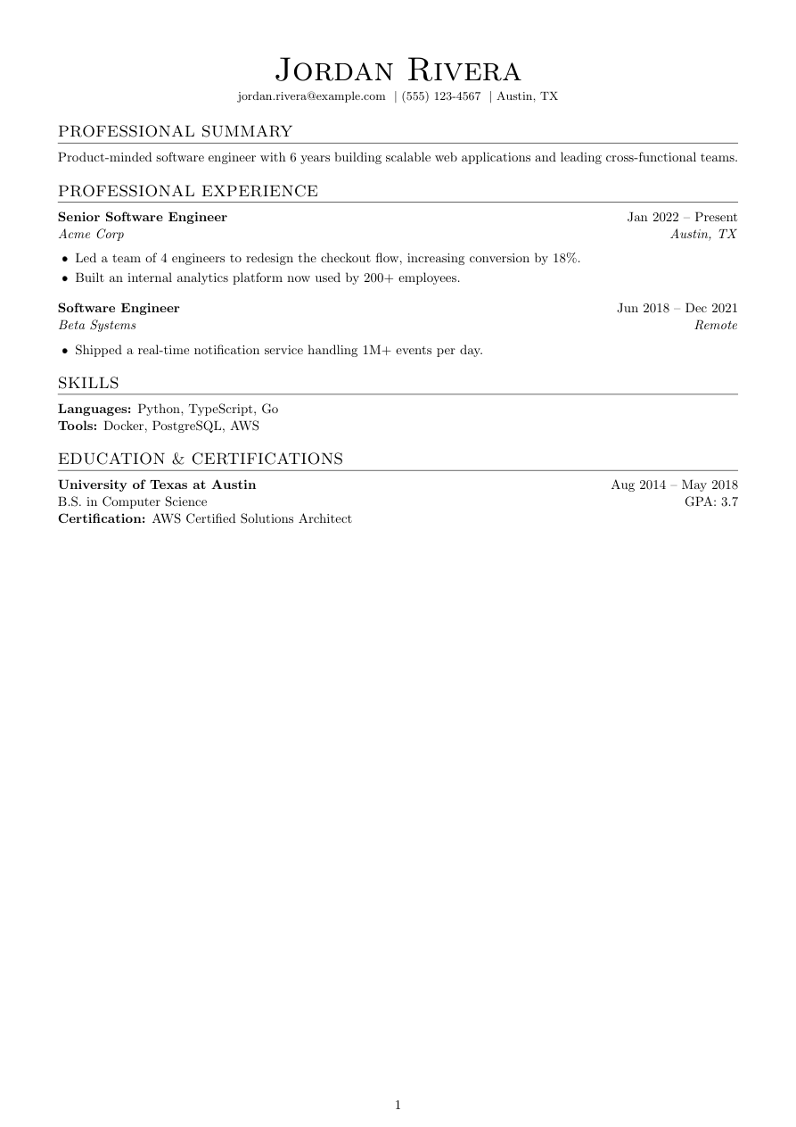 Jake's LaTeX resume template preview