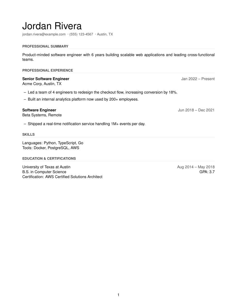 Minimal LaTeX resume template preview