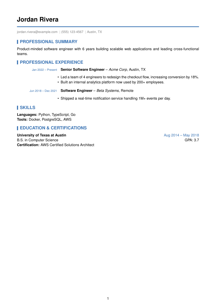 Timeline LaTeX resume template preview
